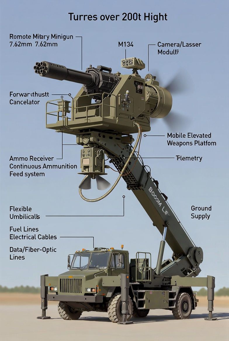 Remote turret variant — 7.62mm M134 minigun turrets on a mobile elevated weapons platform
